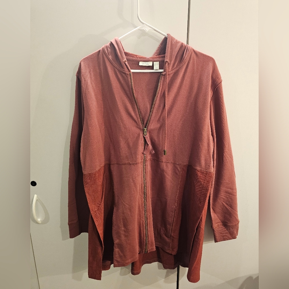 Logo By Lori Goldstein Womans Medium Burgandy Hooded Full Zip Tunic Jack…